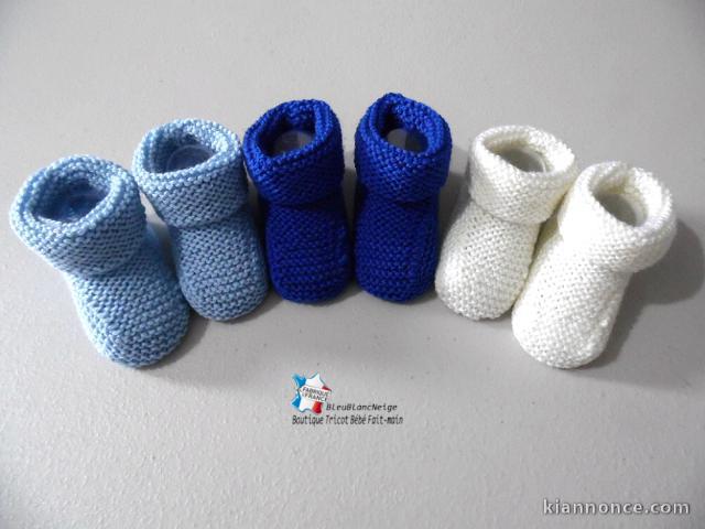 Lot 3 paires chaussons bébé Mérinos bleu et blanc tricot bb fait 