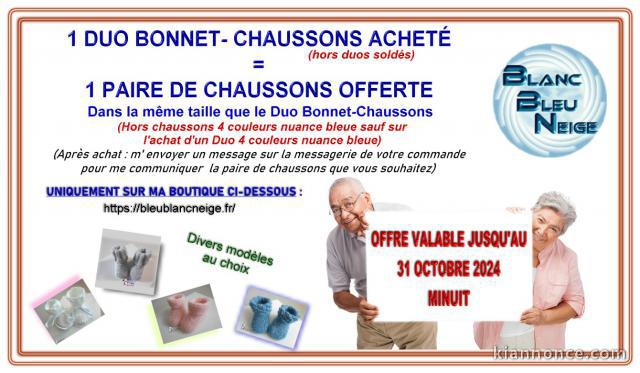 1 paire de chaussons GRATUITE pour un ensemble bonnet-chaussons a